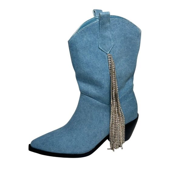 Azalea Wang TooCute Denim Rhinestone Fringed Mid Calf Cowboy Boots Size 7 NEW - Picture 3 of 12